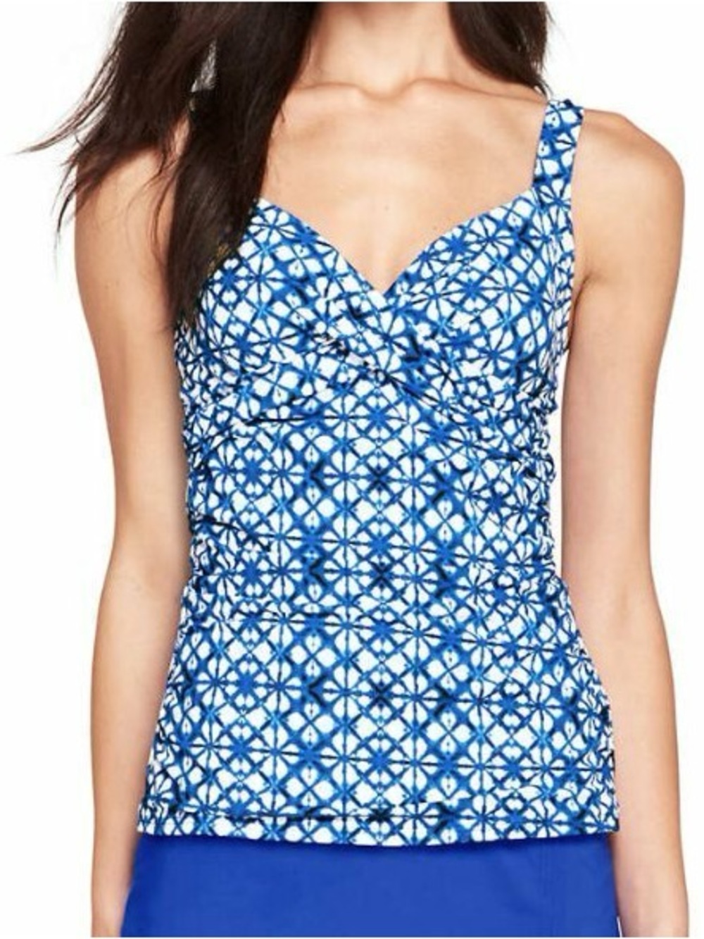 Lands End Women’s Underwire Wrap Tankini Swim Top Blue & White Pattern 10